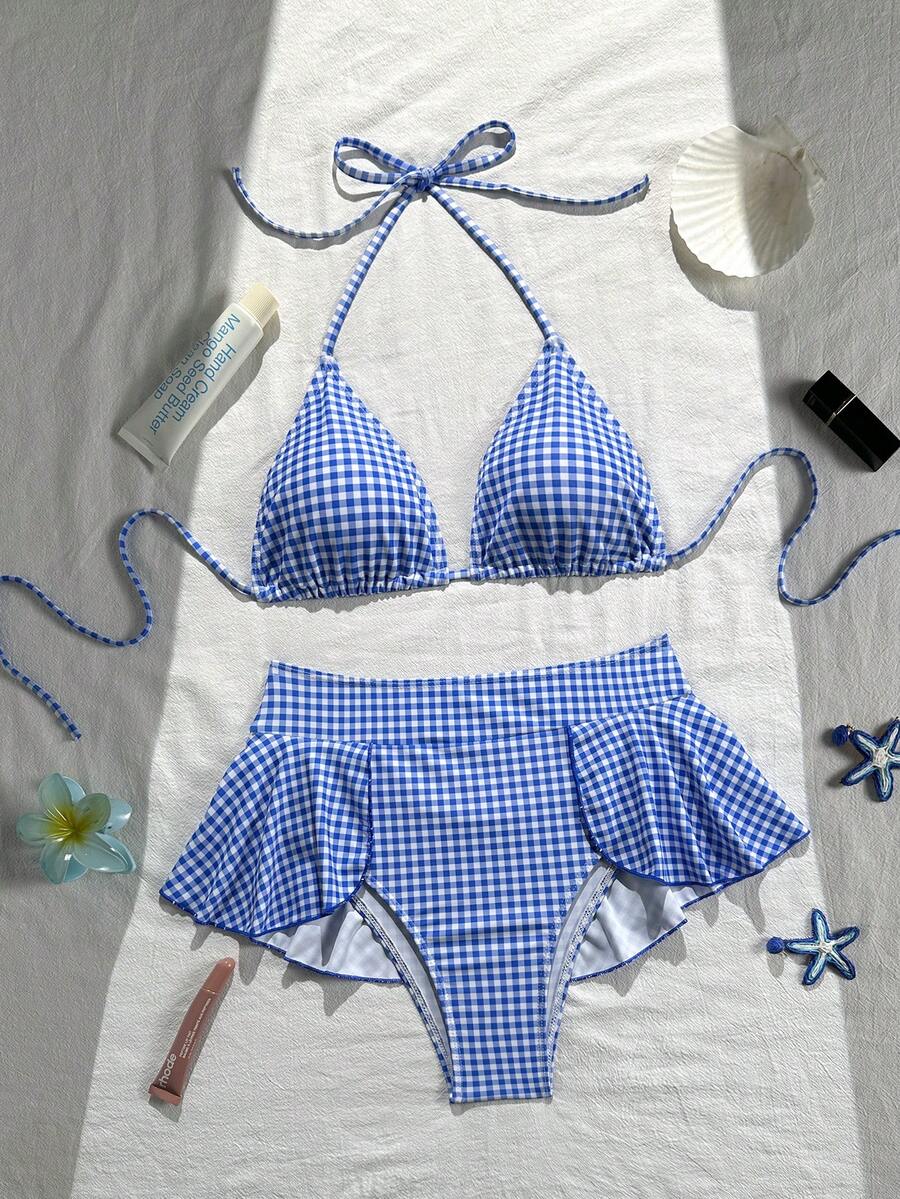 Bộ bikini hai mảnh thời trang mùa hè dành cho nữ, họa tiết kẻ caro xanh trắng dễ thương, kiểu áo yếm có mặt dây chuyền kim loại và quần bơi cạp cao xếp ly, thích hợp cho kỳ nghỉ, bơi lội, đi biển, du thuyền và các dịp khác. - Màu xanh lam - Xem 1