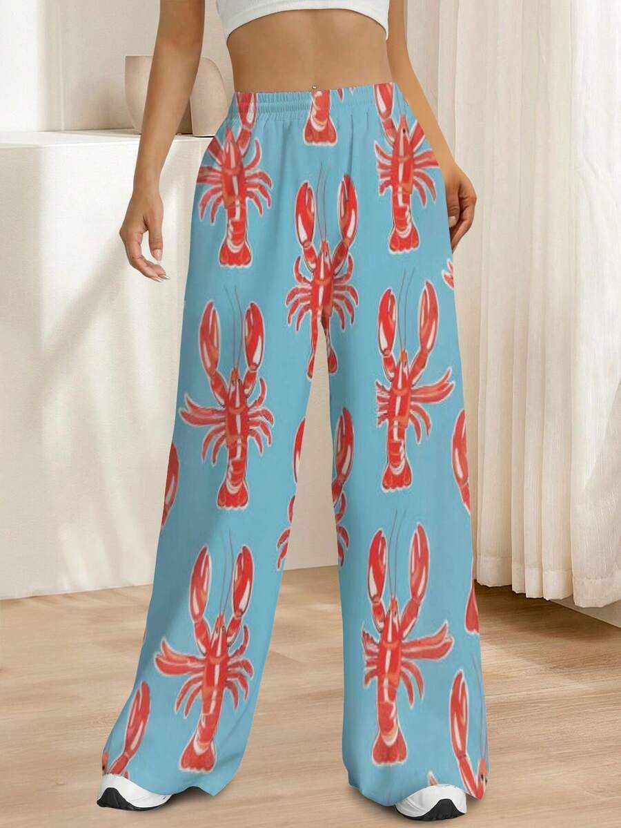 Summer Lobster Print Wide Leg Pants Red Lobster Pattern Boho Pants For Beach Vacation Ladies - Multicolor - View 1