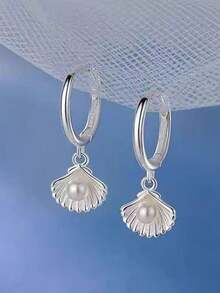 1 đôi, bông tai kim loại thiết kế vỏ sò giả ngọc trai kiểu Châu Âu, thích hợp cho các bữa tiệc, đám cưới, lễ đính hôn và đeo hàng ngày, mùa hè, trang sức. - Bạc - Xem 7