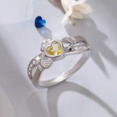 1pc Fashionable Romantic French Style Heart Shaped Synthetic Ring For Women - Elegant Jewelry - Zodiac Birthstone Ring - Suitable For Birthday, Party, Casual Daily Wear