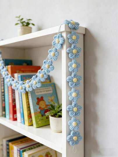 1件蓝色和黄色钩编雏菊花环，手工花绳旗，田园春日墙面装饰，波西米亚风厨房挂饰，婚礼派对装饰，梦幻花绳装饰，轻盈钩编花卉横幅，乡村风格家居墙面装饰，简约花卉挂饰，春夏户外野餐派对彩色挂旗