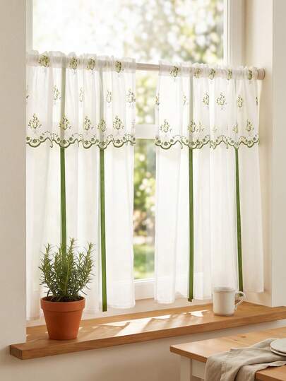 1pc French Country Gypsophila Embroidered Voile Curtain, Fresh Pastoral Sheer Curtain, Kitchen Window Transparent Soft Tulle Curtain, Suitable For Bedroom And Balcony, Soft & Breathable, Semi-Sheer Curtain, Elegant & Refreshing, Enhancing Home Atmosphere