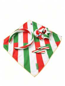 5pcs Italian Flag Hair Accessory Set, Including Headband, Hair Tie, Hair Clip, And Hair Scarf, Suitable For Italian Football Fans, Cheering Outfit For Euros Match Day, World Cup Football Fan Gift, Suitable For Women And Girls - Multicolor - View 16