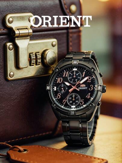 Orient 男女皆宜的奢华黑玫瑰金计时腕表，防水石英女士腕表，镶嵌水钻，时尚休闲正装腕表，优雅适合派对、音乐节、购物、日常佩戴，是送给女友、母亲的完美礼物。