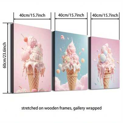 3 piezas Impresión en lienzo de helado, decoración de pared de pintura de helado, póster de lienzo creativo, arte de pared de lienzo impermeable, pintura de pared artística como regalo, para dormitorio, oficina, sala de estar, cafetería, bar, decoración de pared, decoración del hogar y la residencia