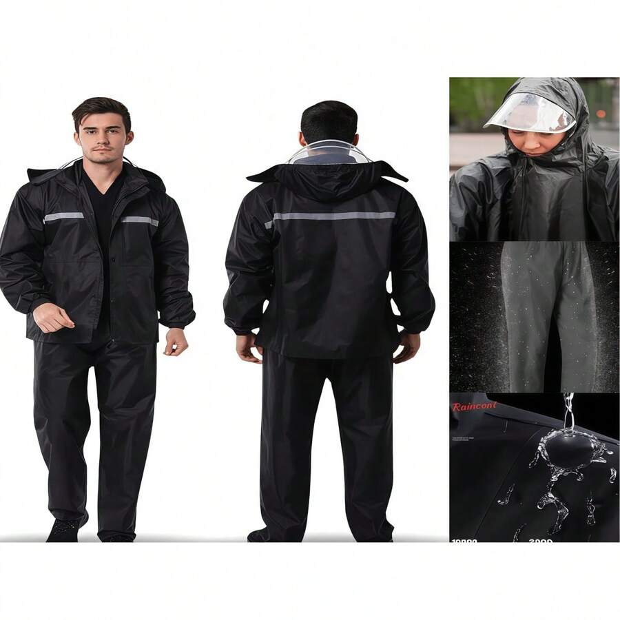 Unisex Adult Motorcycle Raincoat Full Set With Signal Strip And Hood - P.Qiu - Black - View 1