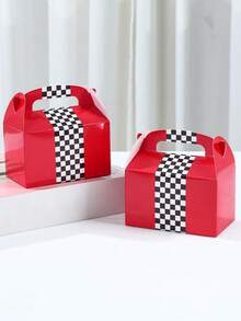 6pcs Racing Theme Party Gift Boxes, Red Black White Checkered Pattern With Handle, Racing Theme Birthday Party Decor, Sports Party Supplies, Candy Box, Gift Packaging Bags, Baby Shower Decor, Racing Theme Boy Birthday Party Supplies - Red - View 6