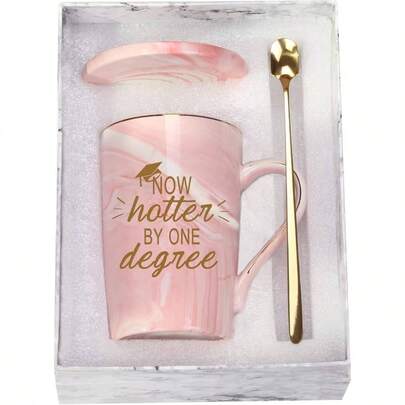 Ceramic Graduation Mug, 14 Oz, Pink, Her, Handmade, Now Hotter By One Degree, With Spoon Coaster