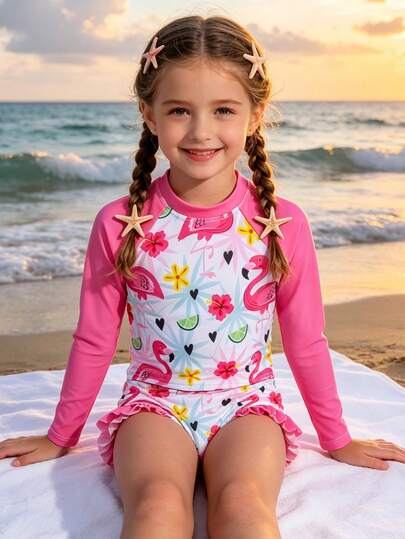 2 件装少女火烈鸟印花吊带比基尼上衣和三角泳裤泳装套装