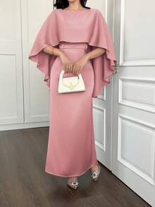 Vestido de verano para mujer, vestido de fiesta elegante, vestido para bodas y reuniones, combinado con un elegante chal tipo capa y detalles de cremallera oculta para mostrar una elegancia refinada. Rosa - Rosa - Ver 5