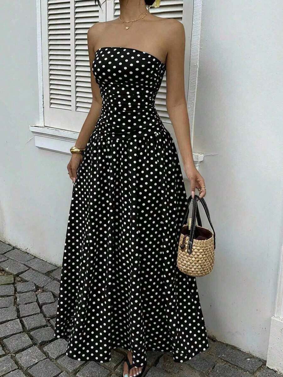 High-Waisted Polka Dot Print Dress, Vacation Style - Black - View 1