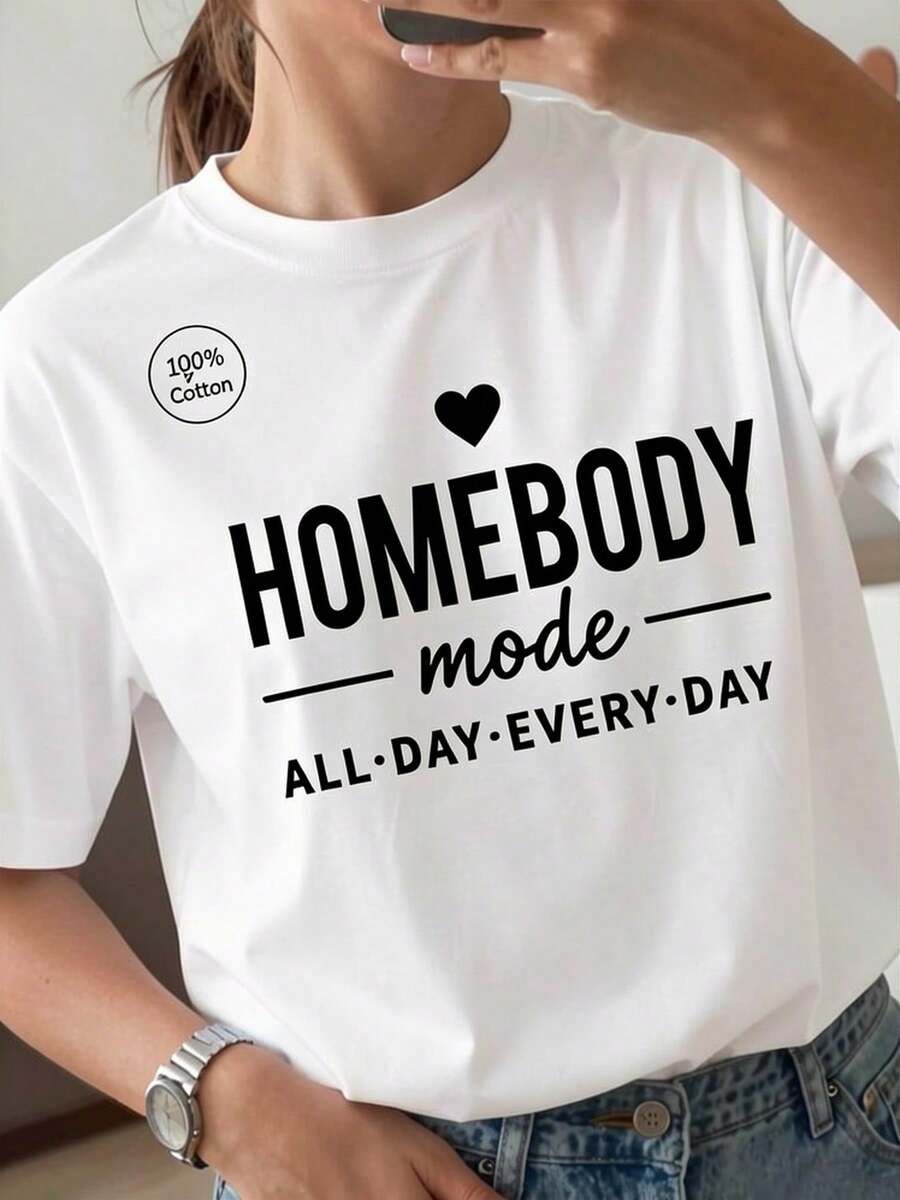 Women'S% Short Sleeve-Shirt Minimalist Lettering Tee, Soft Comfortable Fit, Versatile Everyday And Formal Wear, All-Season, Fashionable Basic Top-YGW - White - View 1