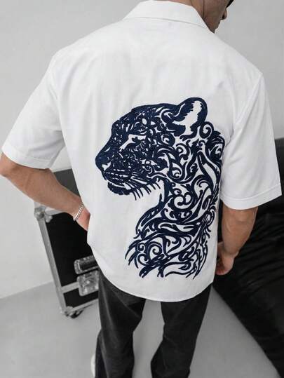  Fractyr Men Front And Back Print Leopard Embroidery Button Down Shirt, Soft Touch Streetwear Oversized Short Sleeve Cuban Collar Top, Artistic Animal Print Casual Summer Shirt