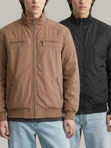 Men's Reversible High Neck Windbreaker Jacket, Lined Bomber Jacket With Zipper, Motorcycle Style - Rỉ Nâu - Xem 5