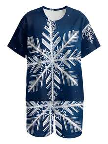 Summer Outfits For Women 2026 Summer New Styles Winter Snowflake Pattern Women's Plus Size Short Sleeve T-Shirt Set Two Piece Set Elegant Holiday Design Perfect For Christmas Celebrations And Winter Events Ideal Gift For Loved Ones - 白色 - 查看 4