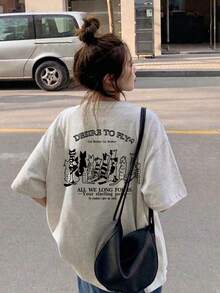 女士时尚宽松休闲字母卡通猫印花短袖T恤，夏季 - 淺花灰 - 查看 2
