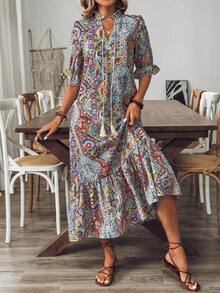 Vestido con mangas medias de estilo bohemio con estampado para mujeres, vestido largo holgado con volantes de estilo bohemio, vestido largo de mujer con estampado todo sobre, uso casual diario, primavera/otoño - Multicolor 5 - Ver 5