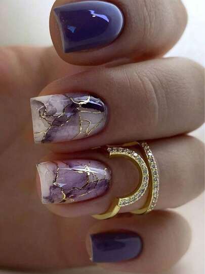 [ ] 24pcs Purple Square Short Medium Fake Nails With Gold Striped Design, False Nails With Gel, Acrylic Stick-On Nails For Wedding, Birthday