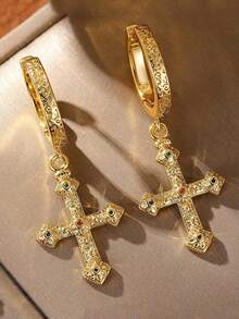 Elegant Vintage-Inspired Cross Dangle Earrings For Women - Luxury Copper With Cubic Zirconia, Nickel-Free, Perfect For Casual Attire & Gifting - Gold - View 5