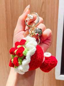 1 Rose Keychain, Bright Floral Bouquet Key Pendant, Gold Bell Car Keychain, Knitted Bouquet Red Rose Bag Pendant, Suitable As A Gift For Girls, Christmas, New Year, Valentine's Day Gift. ﻿ - 彩色 - 查看 2
