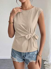 Women Summer Tops Cap Sleeve Crew Neck Tie Waist Shirt Spring Casual Business Work Blouses Clothes - Apricot - View 4