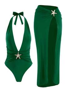 2 pièces Ensemble de maillot de bain mode pour femmes, comprenant 1 pièce maillot de bain imprimé étoile et 1 pièce jupe longue fendue - Vert sapin - Voir 5
