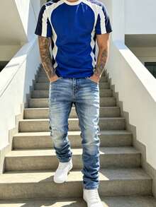 Men's High Stretch Straight Leg Casual Washed Distressed Minimalist Retro Jeans - Royal Blue - View 4