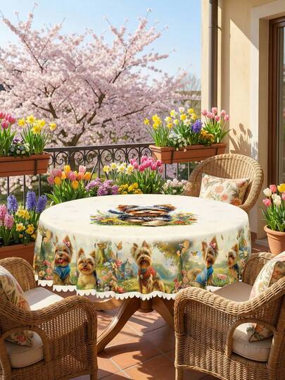 Bộ 1 khăn trải bàn chủ đề chó Yorkshire Terrier, khăn trải bàn tròn/vuông/hình chữ nhật bằng polyester kiểu hoạt hình dễ thương với họa tiết hoa bướm và chó con, viền ren, chống thấm nước, chống bám bẩn, chống dầu mỡ, có thể giặt và tái sử dụng, thích hợp trang trí nhà cửa.