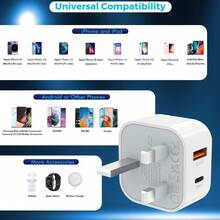 适用于 17/16/15 的充电器，20W USB-C + USB-A 双端口快充，配备 1 米 USB-C 充电线，适用于 17/17 Pro/17 Pro Max/Air/16/15 Pro Max，USB-C 英国电源适配器 - 查看 3