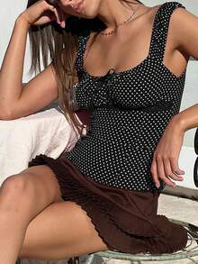Women's Polka Dot Bow Front Cami Top - Square Neck Ruched Sleeveless Summer Y2K Top - 黑色 - 查看 3