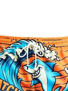 Bañador tipo short para hombre con estampado de tiburón de dibujos animados, de secado rápido y con cordón ajustable, ideal para la playa y el surf en verano. - Naranja - Ver 6