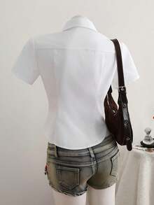 Women's White Button Short Sleeve Shirt, Curved Hem Fitted Casual Cropped Top, New Arrival Summer - White - View 5