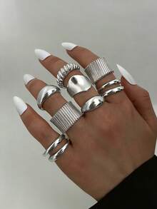 Bộ 8/3 chiếc nhẫn bạc phong cách Bohemian Gothic cổ điển, thiết kế rỗng, bất đối xứng, hình học, nhiều yếu tố, thích hợp đeo hàng ngày, dự tiệc, hẹn hò, ngày lễ, làm quà tặng. - Bạc - Xem 3