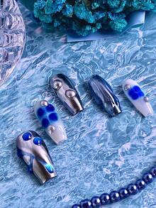 10 Móng Tay Giả Acrylic Kiểu Y2K Dành Cho Nữ, Làm Thủ Công Màu Xanh Bạc Chuyển Sắc, Trang Trí Bong Bóng và Sóng 3D, Hình Dáng Hạnh Nhân Dài Bóng Mịn. - Nhiều màu - Xem 6