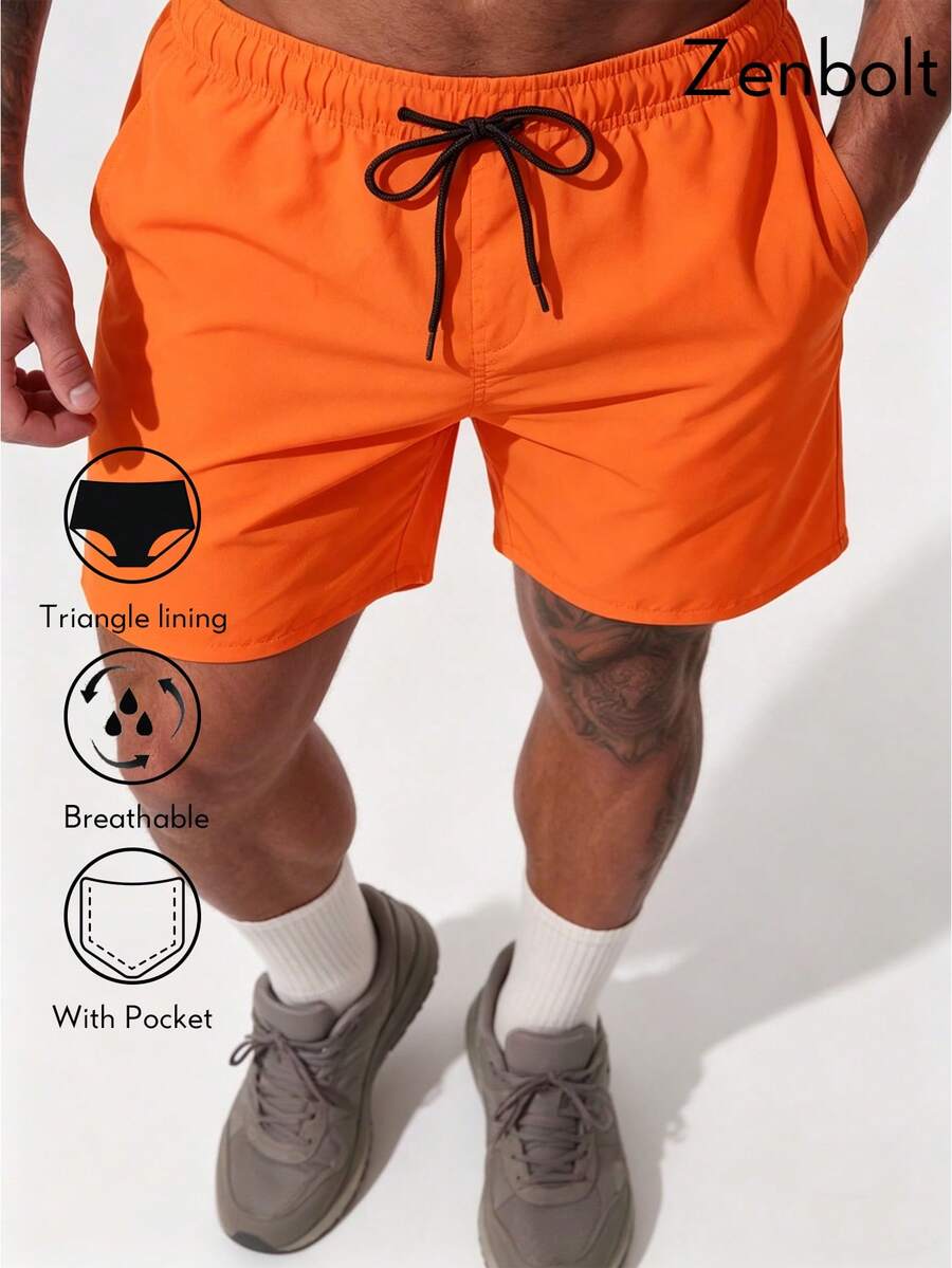 ZULIZ Pantalones cortos de playa con cintura elástica y cordón, bolsillos, uso casual de verano y diario para hombres - Naranja - Ver 1