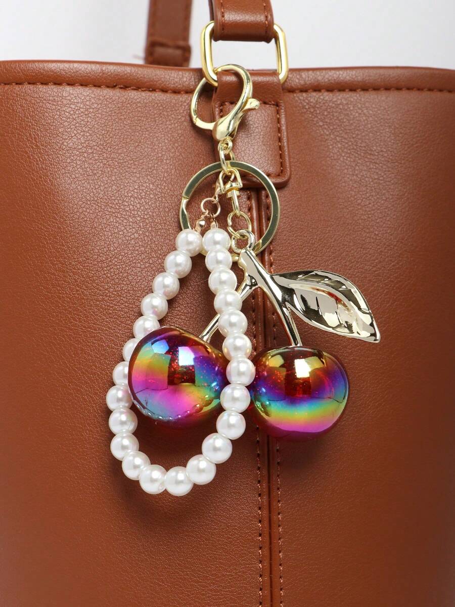 1pc Cherry Glass Pearl Wallet Charm/Keychain, Handbag Accessory - Cherry Keychain Charm, Cute Gift For Women - Multicolor - View 1