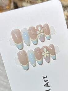 10pcs Handmade Nails Oval Nails Acrylic Press On Nails Medium, Gentle Pink Blue Gradient Nails, French Tip Nails, Handpainted Simple 3D Flower Polka Dots, Edgy Elegant Simple Spring Fake Nails, Summer Nails, Party Daily & Dating Use Beach Tropical Getaway Suitable,DIY False Nail Art Suitable For Women & Girls As Gift Nail Supplies - Multicolor - View 3