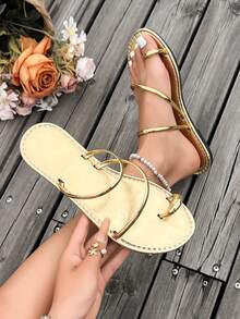 New Striped Flat Sandals Thong Metal Thin Strap Backstrap Flat Slides Casual Daily Commute Vacation Travel Thong Backstrap Flat Slides - Gold - View 7