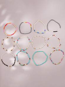 Set de 12 piezas de pulseras elásticas multicapa con cuentas de colores variados hechas a mano, accesorios de joyería para mujeres en fiestas y días festivos - Multicolor - Ver 3