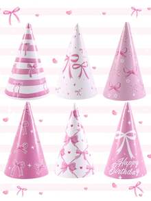 6 piezas Sombrero de cono de fiesta con lazo rosa, diseño de moño mixto de papel con cuerda elástica, adecuado para niñas, suministros para fiestas de cumpleaños con tema de princesa, decoraciones para fiestas de baby shower - Multicolor - Ver 2