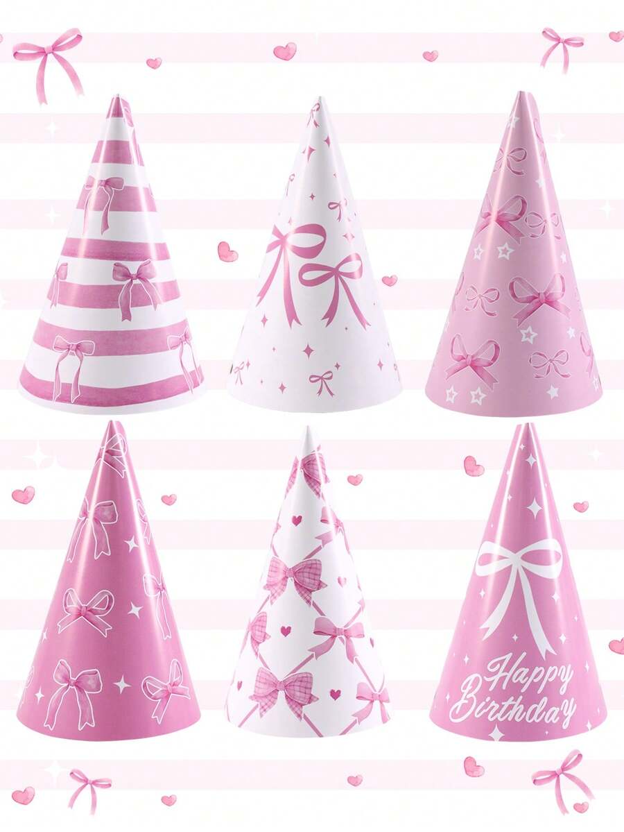 6 piezas Sombrero de cono de fiesta con lazo rosa, diseño de moño mixto de papel con cuerda elástica, adecuado para niñas, suministros para fiestas de cumpleaños con tema de princesa, decoraciones para fiestas de baby shower