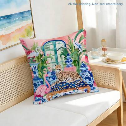 MEMNUN 1pc Watercolor Tropical Tree & Chinoiserie Vase, Flamingo & Leopard Print Throw Pillow Cover [No Pillow Insert], 17.7*17.7in(45*45cm)/19.69*19.69in(50*50cm)/15.75*15.75in(40*40cm), [Single-Sided Printing], Made Of Polyester, Artistic Leopard Theme Decorative Pillow Case For Sofa, Bed, Living Room, Bedroom, Car, Office, Hotel, Perfect Gift For Family And Friends, Suitable For All Seasons