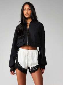 Boho Women's Lace Trim Satin Silk Shorts Shiny Elastic Waist Mini Shorts Pettipants Half Slip Shorts French Knickers Boyshorts For Dresses Full Coverage Underwear Lounge Pants - F206351-白色 - 查看 2