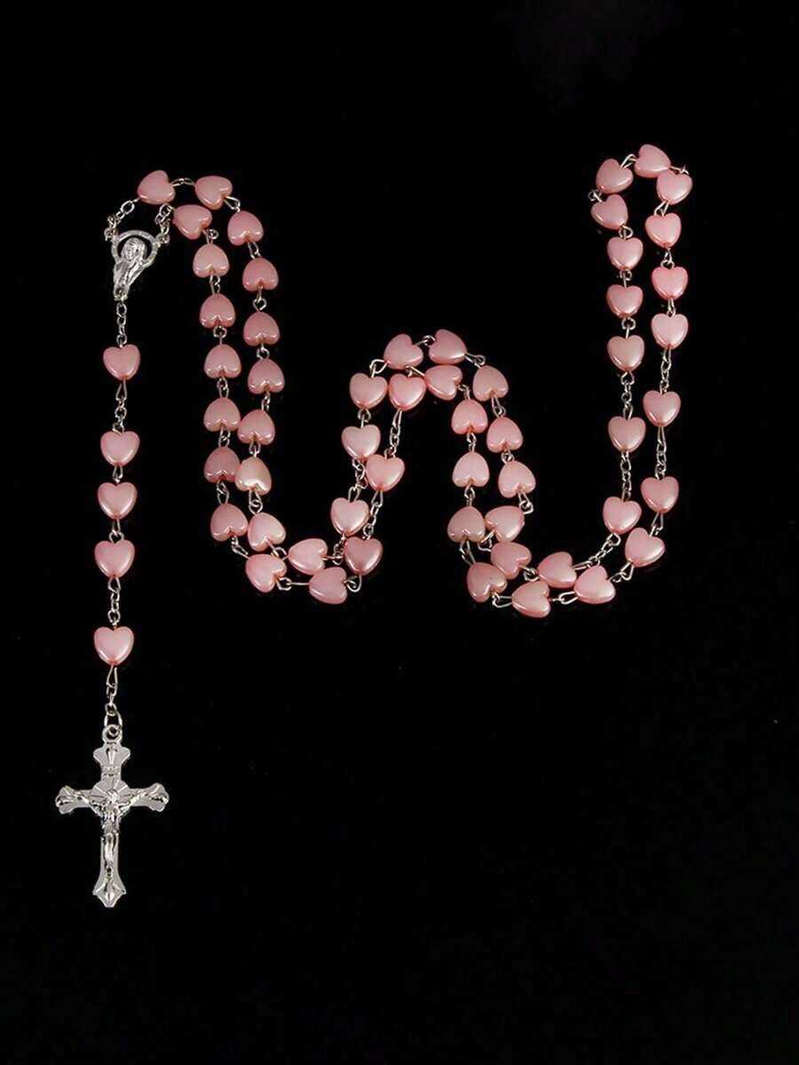 1pc Heart-Shaped Necklace, Pink, Pendant Cross Necklace, Long Y-Chain Necklace, Suitable For Daily, Party Wear, Gift For Girlfriend, Mother On Valentine's Day, Mother's Day Valentines - 淺粉色 - 查看 1