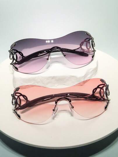 2 Pairs Y2K Style Women's One-Piece Lens Fashion Glasses With Silver Snake Decor, Fashionable For Outdoor, Cycling, Beach, Party, Travel