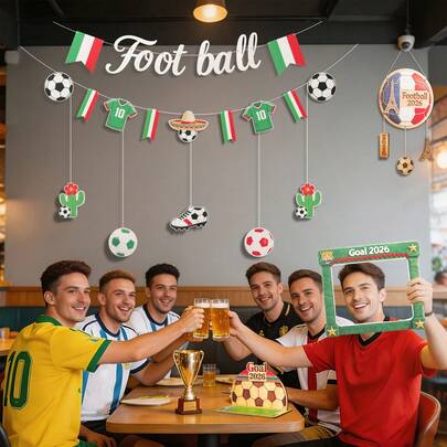 Đồ trang trí tiệc theo chủ đề World Cup Mexico 2026 - Banner treo, đồ trang trí bằng gỗ, đồ trang trí tường, đạo cụ chụp ảnh.
