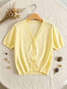 GIGOGOU Women's Hollow Out Short Sleeve Knit Cardigan, Casual Breathable V-Neck Top Summer - Champagne - View 1