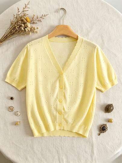 GIGOGOU 女士镂空短袖针织开衫，休闲透气V领夏季上衣