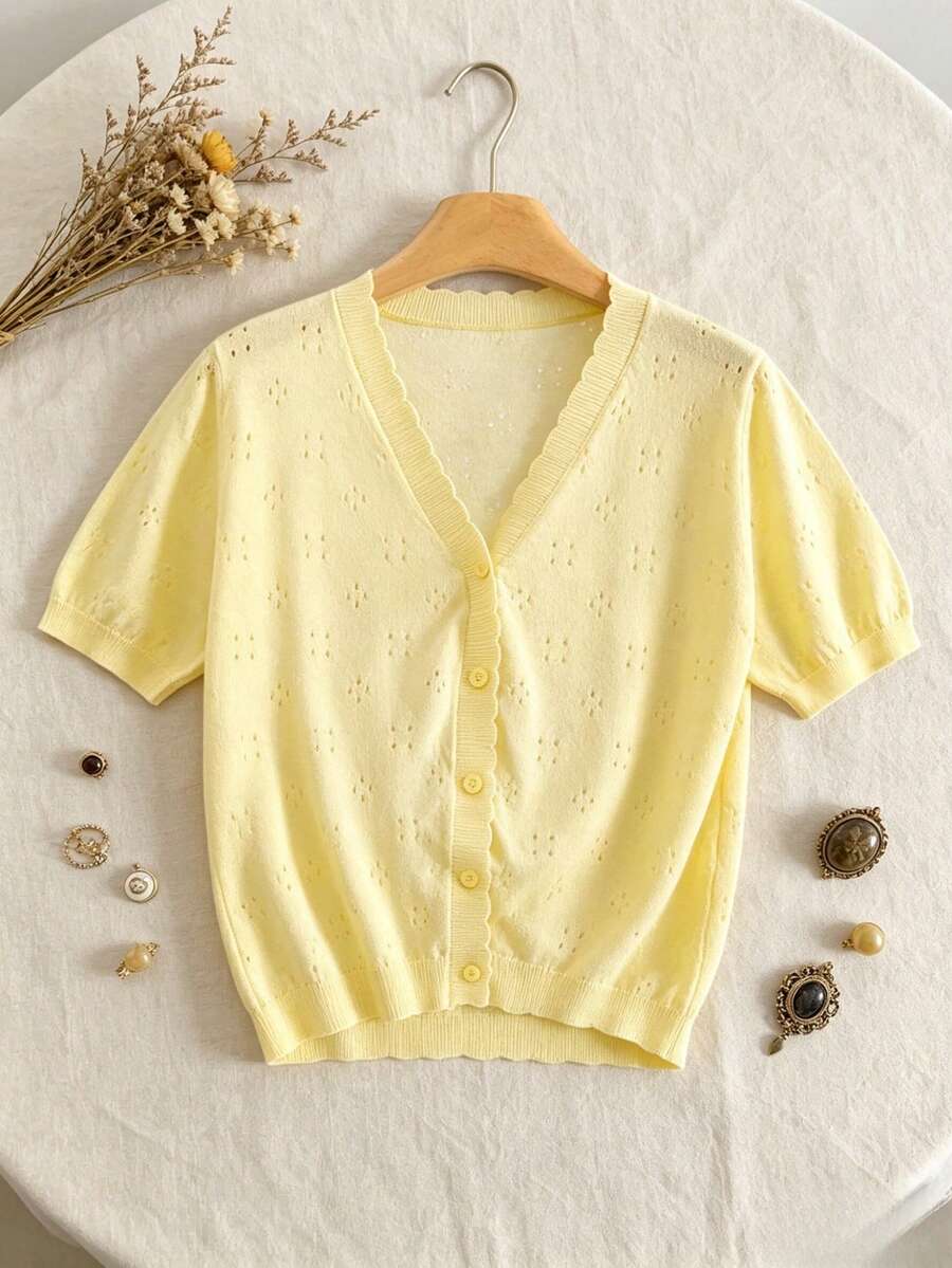 GIGOGOU Women's Hollow Out Short Sleeve Knit Cardigan, Casual Breathable V-Neck Top Summer - Champagne - View 1
