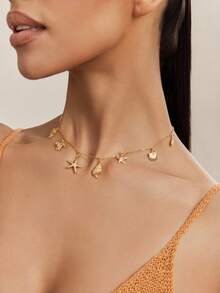 1 件波西米亚风格随机海星、贝壳、海龟吊饰项链，适合海滩、旅行、派对和用餐场合 - 金色 - 查看 4